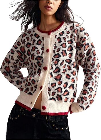 SweatyRocks Women's Leopard Print Button Down Cardigan Sweater Long Sleeve Crewneck Knit Outwear in Saudi Arabia