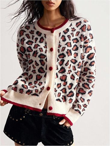 SweatyRocks Women's Leopard Print Button Down Cardigan Sweater Long Sleeve Crewneck Knit Outwear in Saudi Arabia