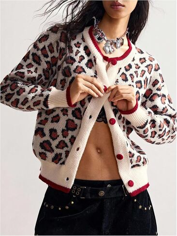 SweatyRocks Women's Leopard Print Button Down Cardigan Sweater Long Sleeve Crewneck Knit Outwear in Saudi Arabia