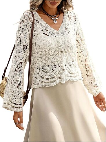 GORGLITTER Women's Boho Cardigan Crochet Lightweight Sheer Long Sleeve Button Up Fall Trendy 2025 Kimono Top in Saudi Arabia