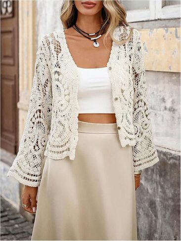 GORGLITTER Women's Boho Cardigan Crochet Lightweight Sheer Long Sleeve Button Up Fall Trendy 2025 Kimono Top in Saudi Arabia