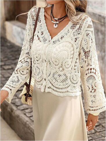 GORGLITTER Women's Boho Cardigan Crochet Lightweight Sheer Long Sleeve Button Up Fall Trendy 2025 Kimono Top in Saudi Arabia