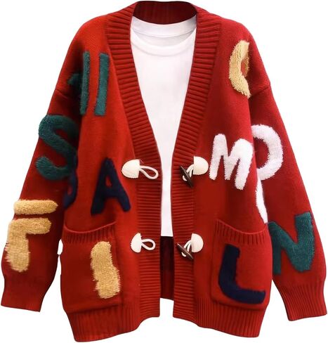 ebossy Women's Cute Alpha Embroidery Cable Knit Cardigans Horn Button Sheep V Neck Slouchy Sweater Coat in Saudi Arabia
