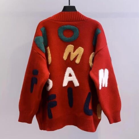 ebossy Women's Cute Alpha Embroidery Cable Knit Cardigans Horn Button Sheep V Neck Slouchy Sweater Coat in Saudi Arabia
