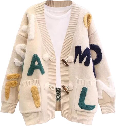 ebossy Women's Cute Alpha Embroidery Cable Knit Cardigans Horn Button Sheep V Neck Slouchy Sweater Coat in Kuwait