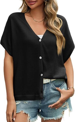 JUHEE Womens Oversized Summer Cardigan Tops Lightweight Going Out Cap Short Sleeve Button V-Neck Knit Casual Sweater Shirts in Saudi Arabia