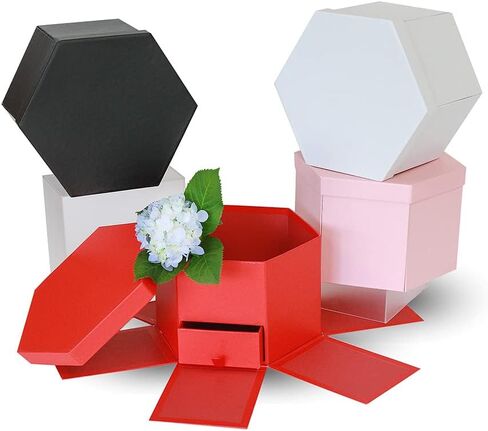 USA-SALES UNIKPACKAGING صندوق هدايا زهور على شكل سداسي عالي الجودة، مع درج، مقاس 9.5 بوصة × 8.3 بوصة × 6.1 بوصة، لتنسيقات الزهور الفاخرة (وردي) in Saudi Arabia