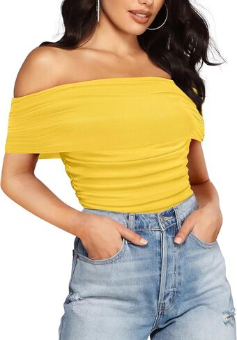 SAUNGKUAI Women's Sexy Off Shoulder Mesh Sleeveless Bodysuit Double Lined Leotard Thong Body Suits Going Out Tops in Kuwait