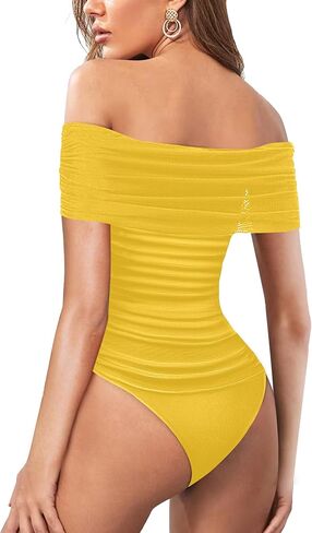 SAUNGKUAI Women's Sexy Off Shoulder Mesh Sleeveless Bodysuit Double Lined Leotard Thong Body Suits Going Out Tops in Kuwait