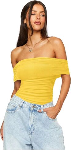 SAUNGKUAI Women's Sexy Off Shoulder Mesh Sleeveless Bodysuit Double Lined Leotard Thong Body Suits Going Out Tops in Kuwait