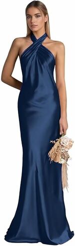 RYANTH Satin Mermaid Bridesmaid Dresses for Women Halter Long Prom Dress 2025 Ruched Formal Evening Gowns in Saudi Arabia