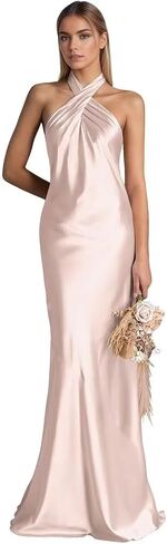 RYANTH Satin Mermaid Bridesmaid Dresses for Women Halter Long Prom Dress 2025 Ruched Formal Evening Gowns in Saudi Arabia