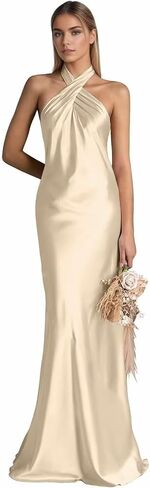 RYANTH Satin Mermaid Bridesmaid Dresses for Women Halter Long Prom Dress 2025 Ruched Formal Evening Gowns in Saudi Arabia