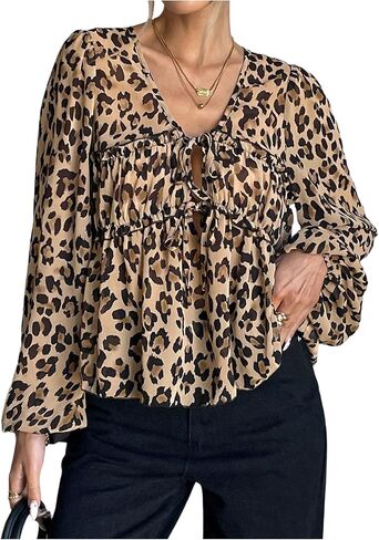 GORGLITTER Women's Cheetah Print Babydoll Tops Blouse Leopard Animal Y2k Ruffle Bell Long Sleeve Shirt Tops in Saudi Arabia