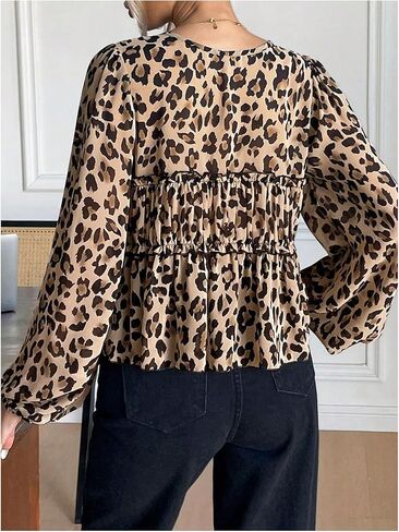GORGLITTER Women's Cheetah Print Babydoll Tops Blouse Leopard Animal Y2k Ruffle Bell Long Sleeve Shirt Tops in Saudi Arabia