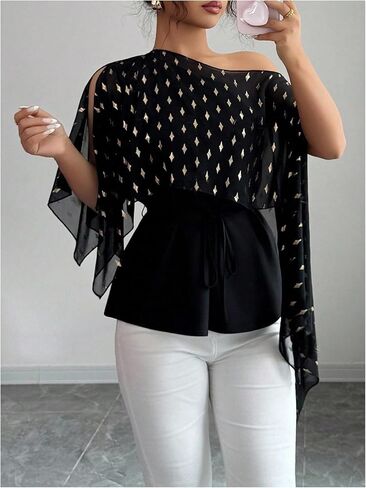 MakeMeChic Women's Glitter Mesh Sheer Blouse Cape Sleeve Asymmetrical Y2K Crop Tops in Saudi Arabia