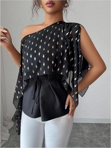 MakeMeChic Women's Glitter Mesh Sheer Blouse Cape Sleeve Asymmetrical Y2K Crop Tops in Saudi Arabia