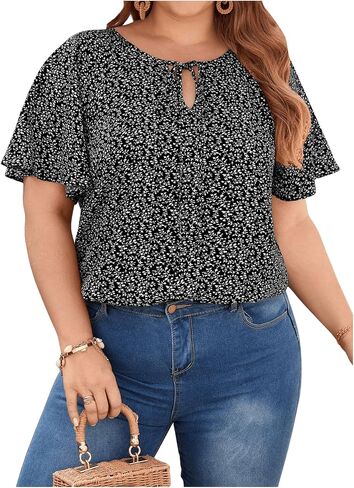 Verdusa Women's Plus Size Floral Print Tie Neck Blouse Ruffle Short Sleeve Summer Tops in Saudi Arabia