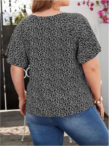 Verdusa Women's Plus Size Floral Print Tie Neck Blouse Ruffle Short Sleeve Summer Tops in Saudi Arabia