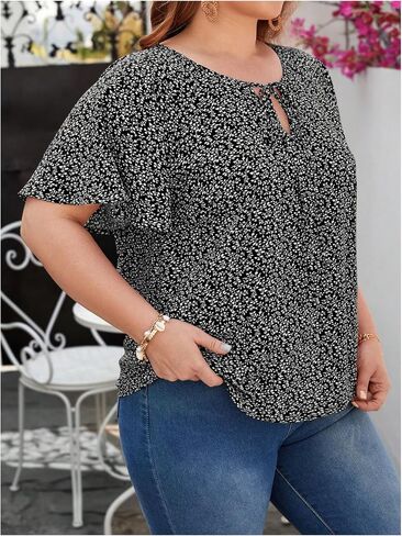 Verdusa Women's Plus Size Floral Print Tie Neck Blouse Ruffle Short Sleeve Summer Tops in Saudi Arabia