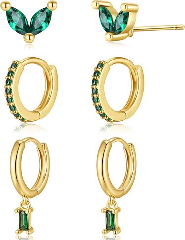 14K Gold Plated Emerald Green Crystal Earrings Set, 3 Pairs Stud and Hoop Earrings in Saudi Arabia