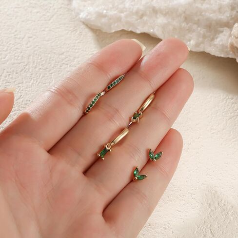 14K Gold Plated Emerald Green Crystal Earrings Set, 3 Pairs Stud and Hoop Earrings in Saudi Arabia