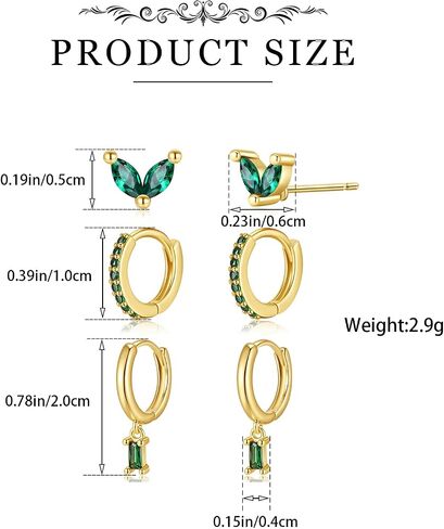 14K Gold Plated Emerald Green Crystal Earrings Set, 3 Pairs Stud and Hoop Earrings in Saudi Arabia