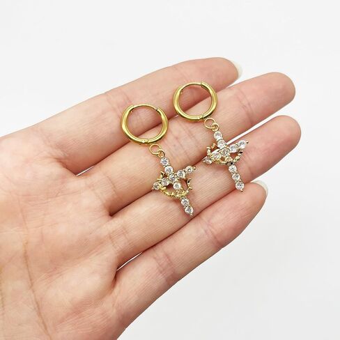 Cross Crown Earrings Crystal Cross Drop Hoop Earrings, White, Dangle Style, Religious Fashion Jewelry in Saudi Arabia