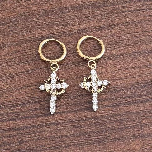 Cross Crown Earrings Crystal Cross Drop Hoop Earrings, White, Dangle Style, Religious Fashion Jewelry in Saudi Arabia