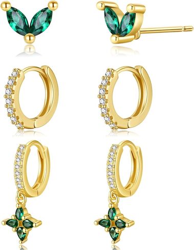 14K Gold Plated Emerald Green Crystal Earrings Set, 3 Pairs Stud and Hoop Earrings in Saudi Arabia