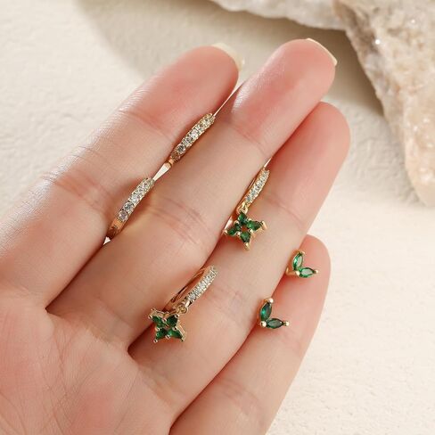 14K Gold Plated Emerald Green Crystal Earrings Set, 3 Pairs Stud and Hoop Earrings in Saudi Arabia