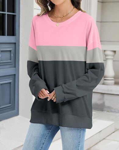 CHICGAL Sweatshirt for Women Long Sleeve Shirts Crewneck Color Block Loose Fit Pullover Fall Tops in Kuwait