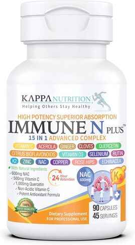 (60 كبسولة)، NAC 600 مجم، كيرسيتين 1000 مجم، فيتامين C 500 مجم، زنك 50 مجم، فيتامين د3 5000 وحدة دولية، سيلينيوم، نحاس، كرز هندي، زنجبيل، روتين، بيوفلافونويدات الحمضيات، وردة المسك، إشنسا، إميون إن بلس 15 في 1 in Kuwait