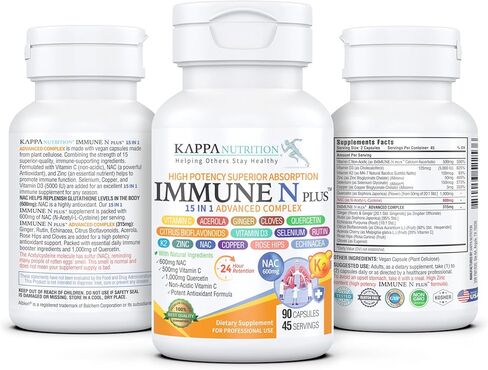 (60 كبسولة)، NAC 600 مجم، كيرسيتين 1000 مجم، فيتامين C 500 مجم، زنك 50 مجم، فيتامين د3 5000 وحدة دولية، سيلينيوم، نحاس، كرز هندي، زنجبيل، روتين، بيوفلافونويدات الحمضيات، وردة المسك، إشنسا، إميون إن بلس 15 في 1 in Kuwait