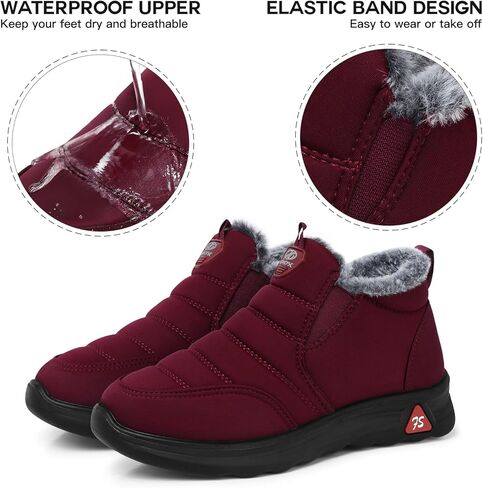 أحذية شتوية حمراء من SHIBEVER للنساء: أحذية ثلج دافئة مبطنة بالفراء سهلة الارتداء على الكاحل، أحذية مريحة مقاومة للماء للاستخدام في الهواء الطلق مقاس 8 in Kuwait