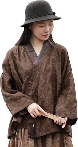 Women's Printed 100% linen Kimono Style Long Sleeve Loose Fit Jacket Cardigan with Tie Belt and Wrap Front Design in Saudi Arabia