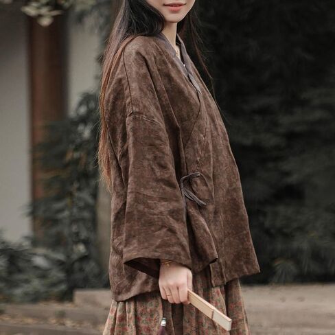 Women's Printed 100% linen Kimono Style Long Sleeve Loose Fit Jacket Cardigan with Tie Belt and Wrap Front Design in Saudi Arabia
