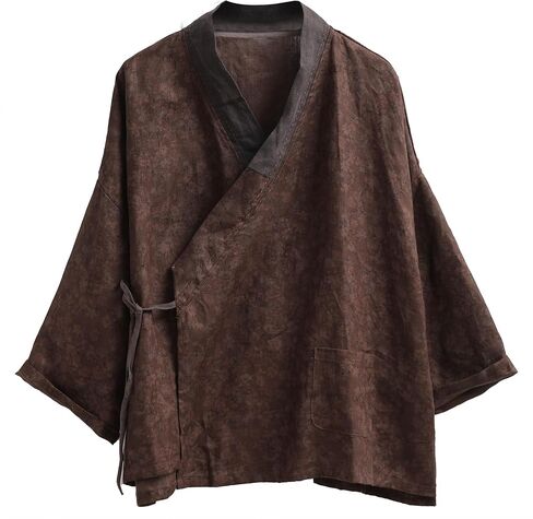 Women's Printed 100% linen Kimono Style Long Sleeve Loose Fit Jacket Cardigan with Tie Belt and Wrap Front Design in Saudi Arabia