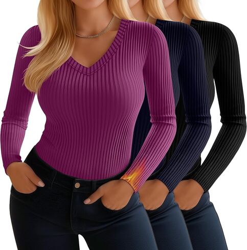 3 Pack Women's Plus Size Shirts, Cotton Long Sleeve Ribbed Knit Pullover Tops V Neck Slim Fit Sweater Basic Tshirt in Kuwait
