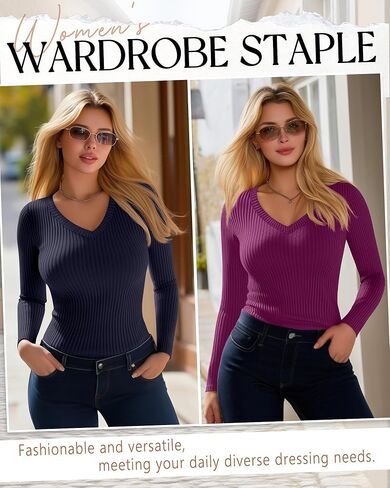 3 Pack Women's Plus Size Shirts, Cotton Long Sleeve Ribbed Knit Pullover Tops V Neck Slim Fit Sweater Basic Tshirt in Kuwait