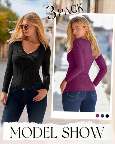 3 Pack Women's Plus Size Shirts, Cotton Long Sleeve Ribbed Knit Pullover Tops V Neck Slim Fit Sweater Basic Tshirt in Kuwait