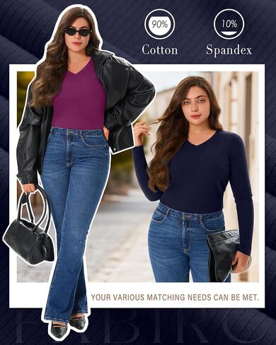 3 Pack Women's Plus Size Shirts, Cotton Long Sleeve Ribbed Knit Pullover Tops V Neck Slim Fit Sweater Basic Tshirt in Kuwait