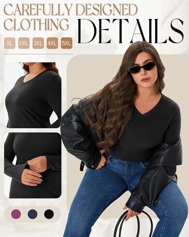 3 Pack Women's Plus Size Shirts, Cotton Long Sleeve Ribbed Knit Pullover Tops V Neck Slim Fit Sweater Basic Tshirt in Kuwait