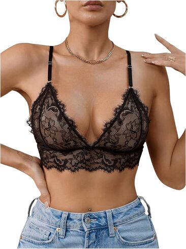 WDIRARA Women's Floral Lace Mesh Sheer Bra Deep V Neck Lingerie Bralette in Saudi Arabia