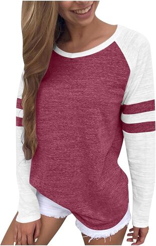Shirts for Women 2025 Long Sleeve Color Block Casual Crewneck Tops Basic Tee Fall Fashion Blouse Trendy Outfits in Kuwait