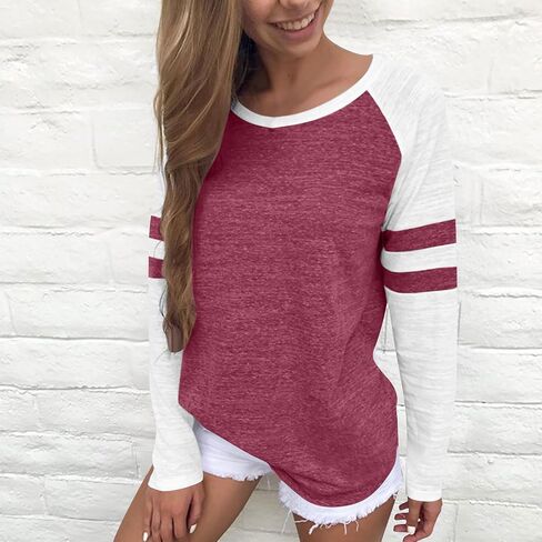 Shirts for Women 2025 Long Sleeve Color Block Casual Crewneck Tops Basic Tee Fall Fashion Blouse Trendy Outfits in Kuwait