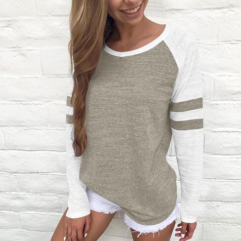 Shirts for Women 2025 Long Sleeve Color Block Casual Crewneck Tops Basic Tee Fall Fashion Blouse Trendy Outfits in Kuwait