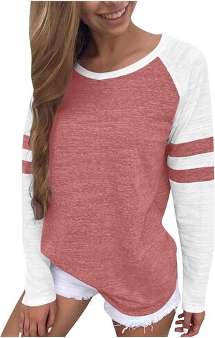 Shirts for Women 2025 Long Sleeve Color Block Casual Crewneck Tops Basic Tee Fall Fashion Blouse Trendy Outfits in Kuwait