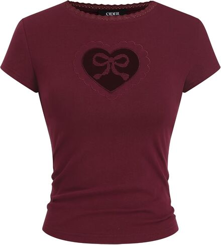 CIDER Graphic Tees Cute Tops Cotton Blend Bowknot Heart Lace Trim Crew Neck Short Sleeve T Shirt in Saudi Arabia