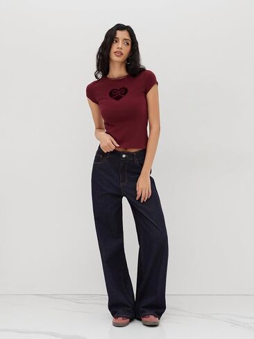 CIDER Graphic Tees Cute Tops Cotton Blend Bowknot Heart Lace Trim Crew Neck Short Sleeve T Shirt in Saudi Arabia
